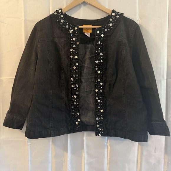 Ruby Rd. Jackets & Blazers - Ruby‎ Rd Womens 14P Petite Stretch Black Denim Jacket Ruffled Bling 3/4 Sleeve